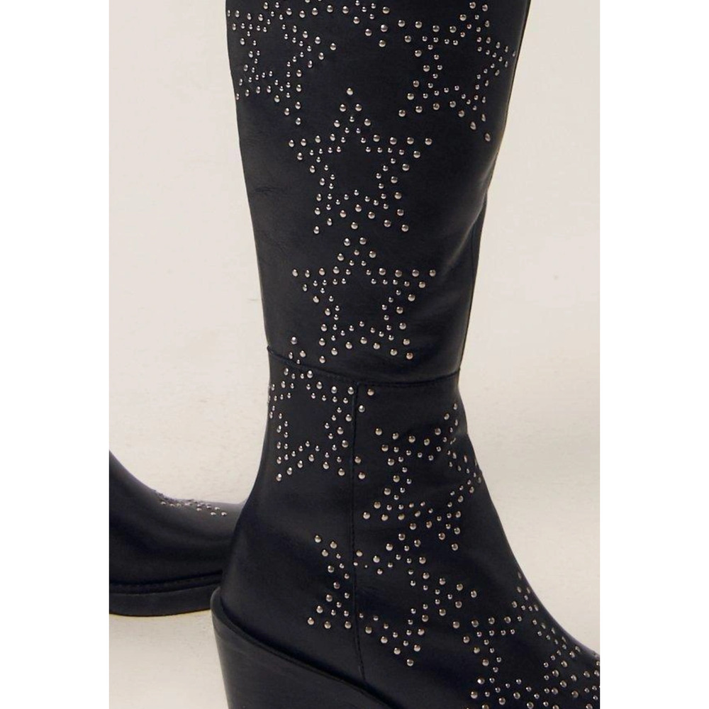 NEW NASTY GAL BLACK LEATHER STAR STUDDED OVER THE KNEE COWBOY BOOTS SZ 38 US 7 - Picture 3 of 8